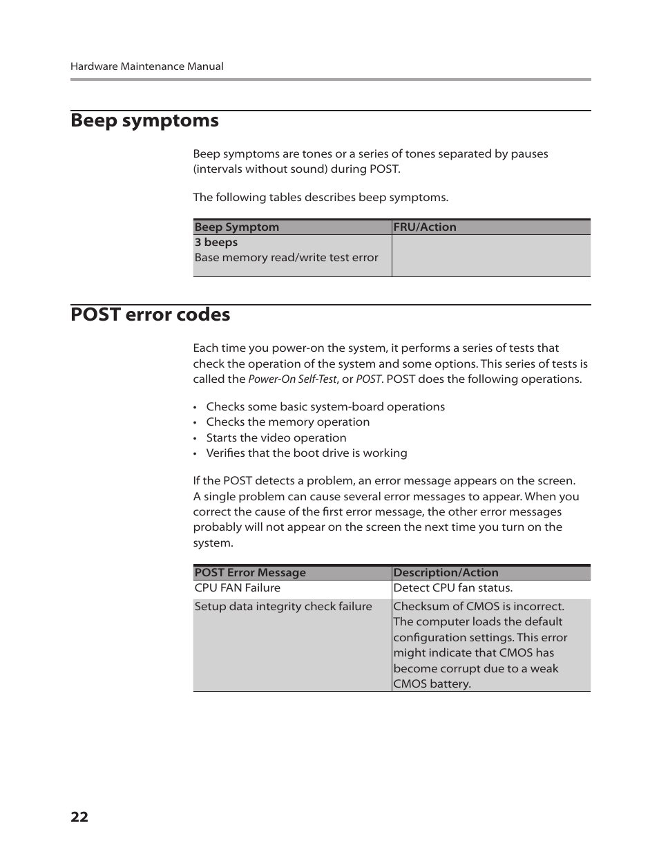 Beep symptoms, Post error codes | Lenovo 3000 H305 Desktop User Manual | Page 24 / 56