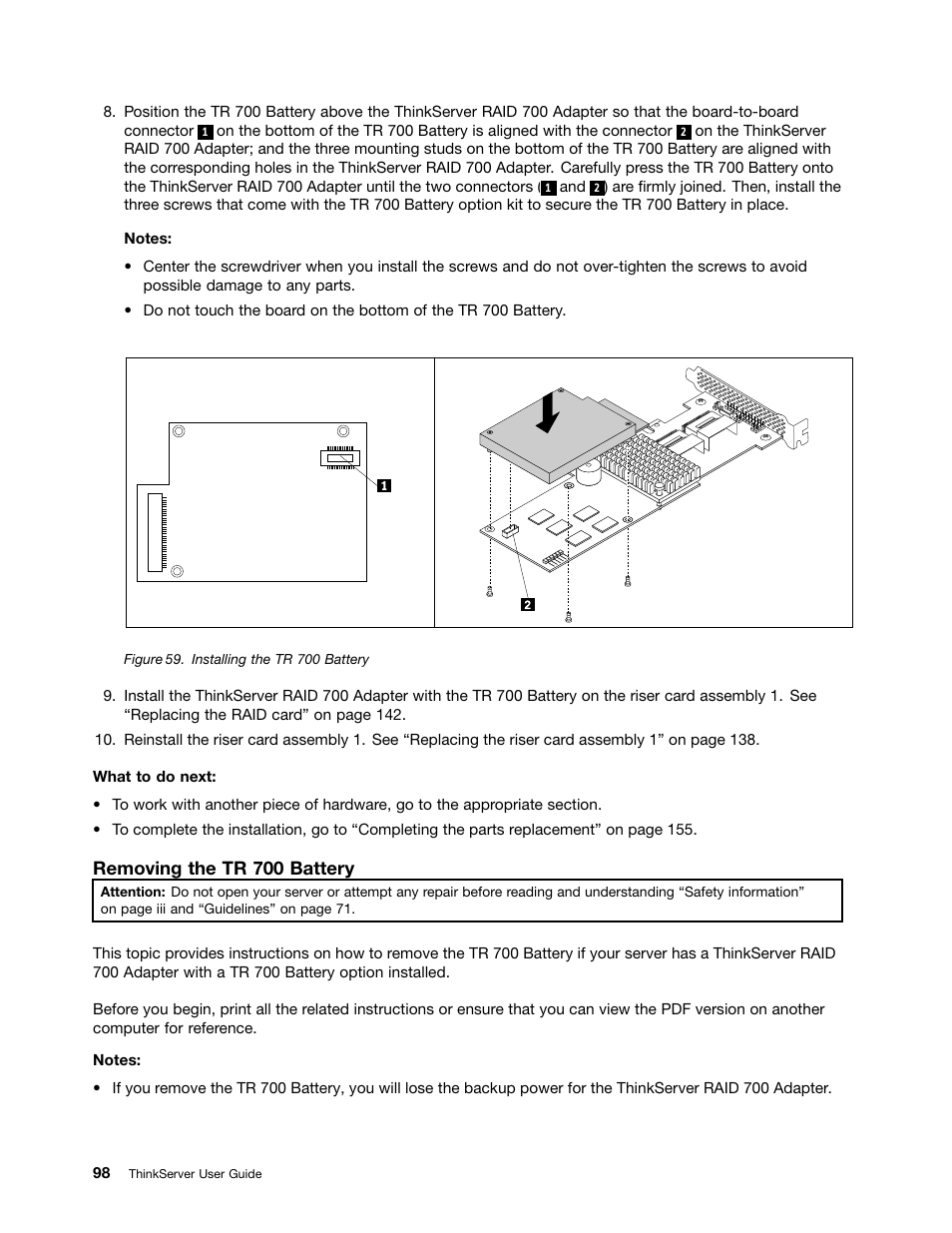 Removing the tr 700 battery | Lenovo ThinkServer RD630 User Manual | Page 110 / 196