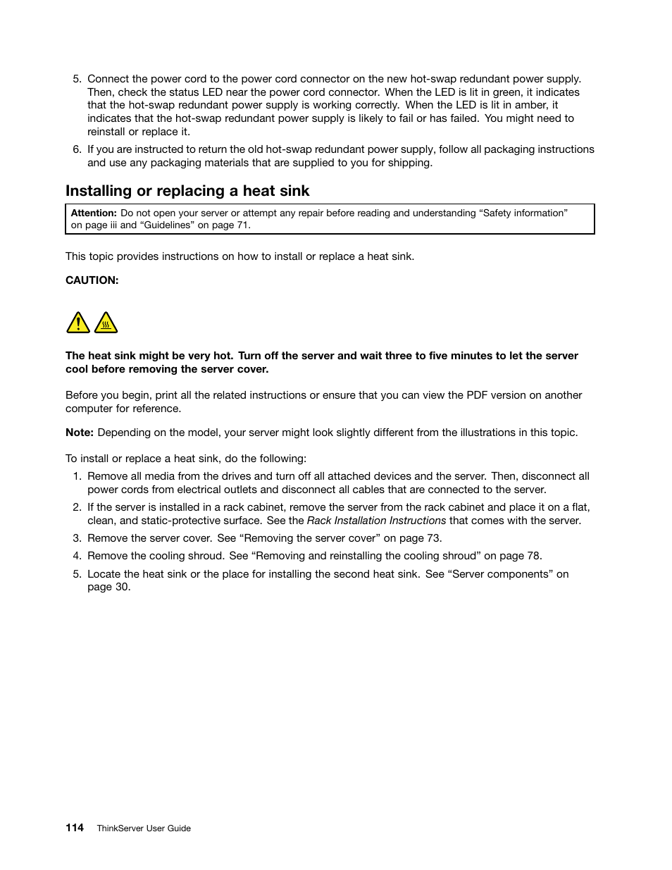 Installing or replacing a heat sink | Lenovo ThinkServer RD630 User Manual | Page 126 / 196