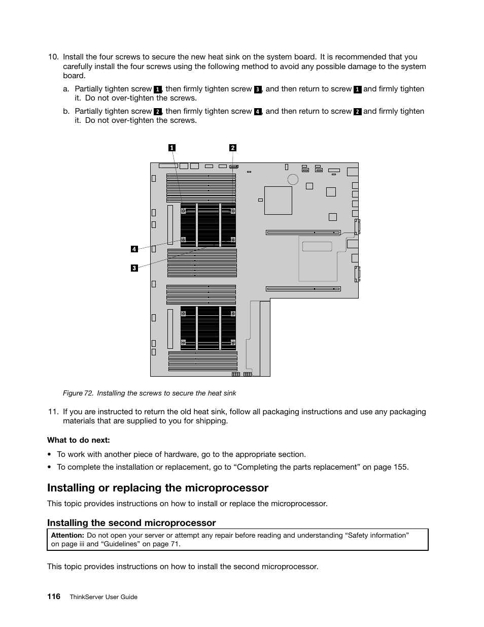 Installing or replacing the microprocessor, Installing the second microprocessor | Lenovo ThinkServer RD630 User Manual | Page 128 / 196
