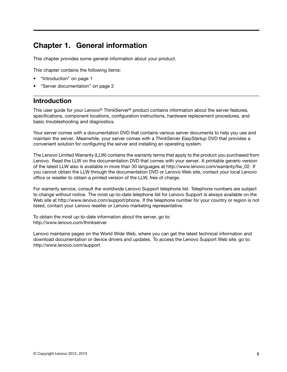 Chapter 1. general information, Introduction | Lenovo ThinkServer RD630 User Manual | Page 13 / 196