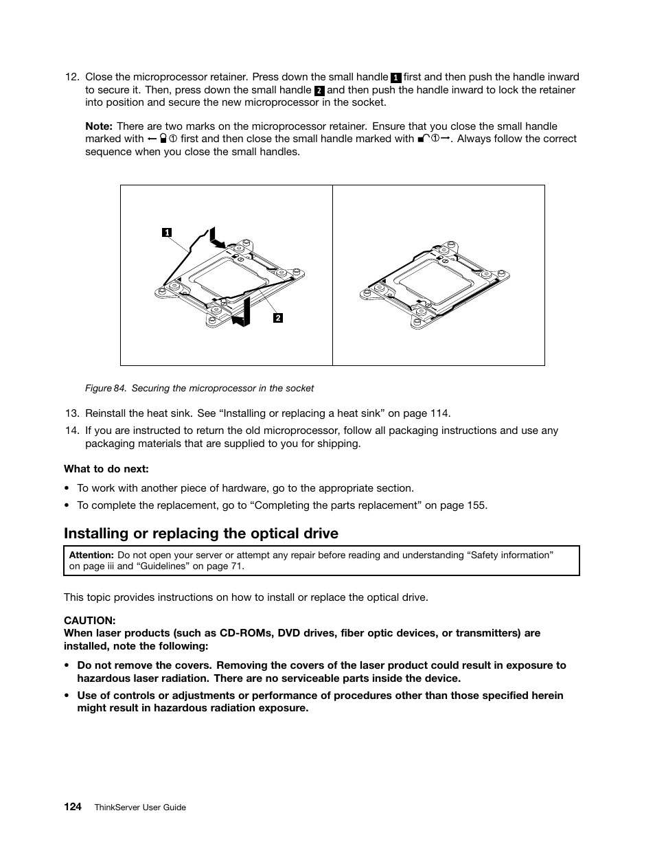 Installing or replacing the optical drive | Lenovo ThinkServer RD630 User Manual | Page 136 / 196