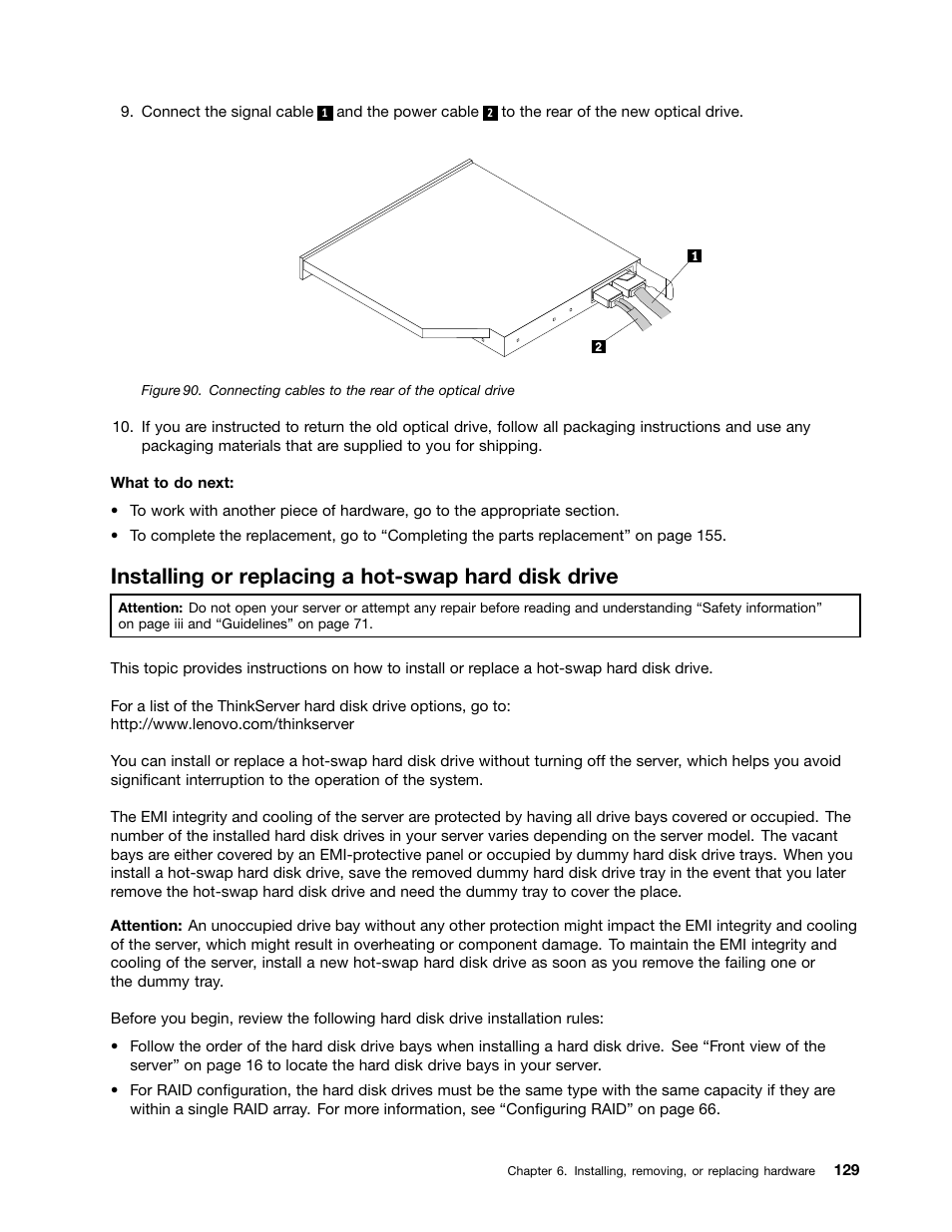 Installing or replacing a hot-swap hard disk drive | Lenovo ThinkServer RD630 User Manual | Page 141 / 196