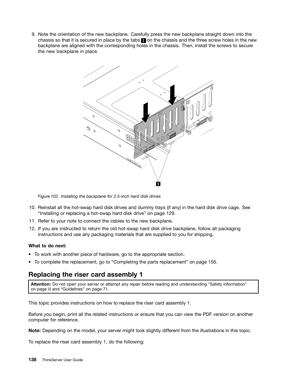 Replacing the riser card assembly 1, Replacing the riser | Lenovo ThinkServer RD630 User Manual | Page 150 / 196