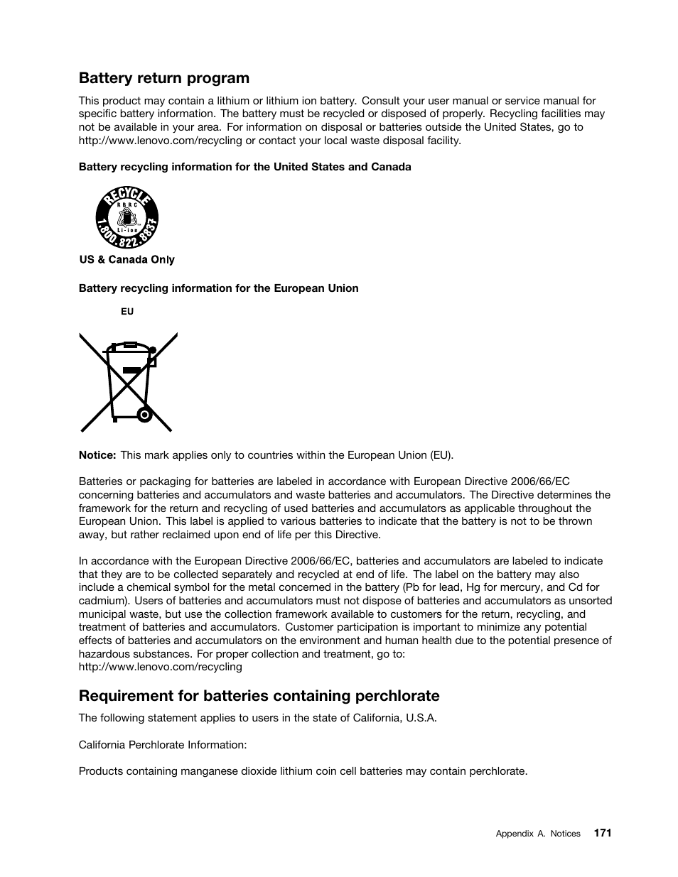 Battery return program, Requirement for batteries containing perchlorate | Lenovo ThinkServer RD630 User Manual | Page 183 / 196