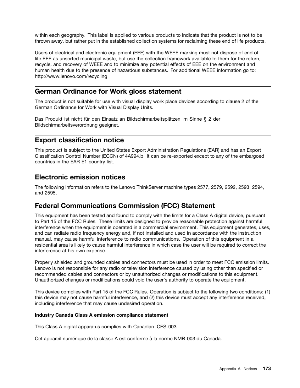 German ordinance for work gloss statement, Export classification notice, Electronic emission notices | Federal communications commission (fcc) statement | Lenovo ThinkServer RD630 User Manual | Page 185 / 196