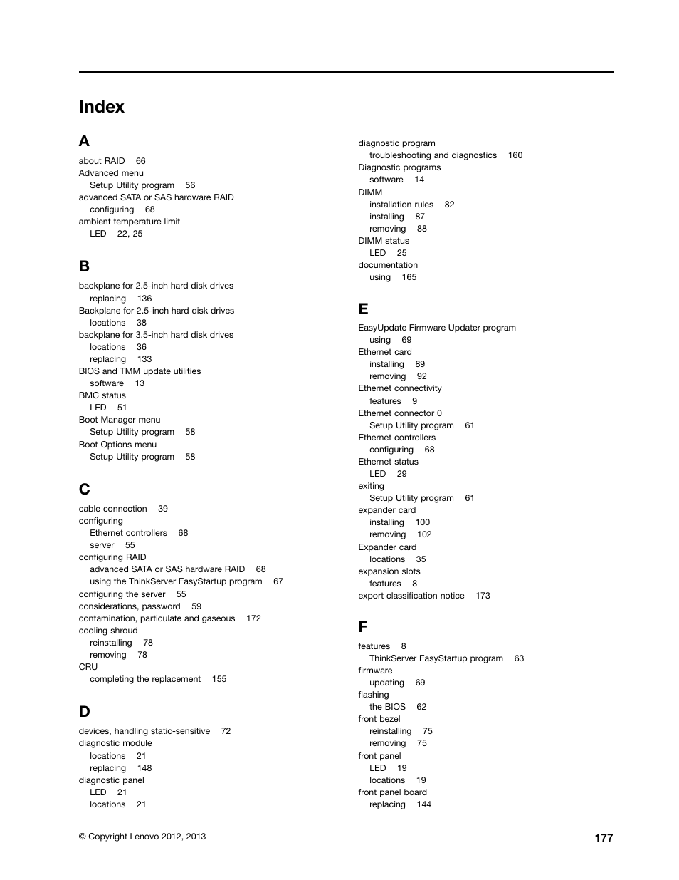 Index | Lenovo ThinkServer RD630 User Manual | Page 189 / 196