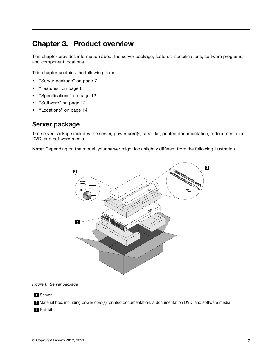 Chapter 3. product overview, Server package | Lenovo ThinkServer RD630 User Manual | Page 19 / 196