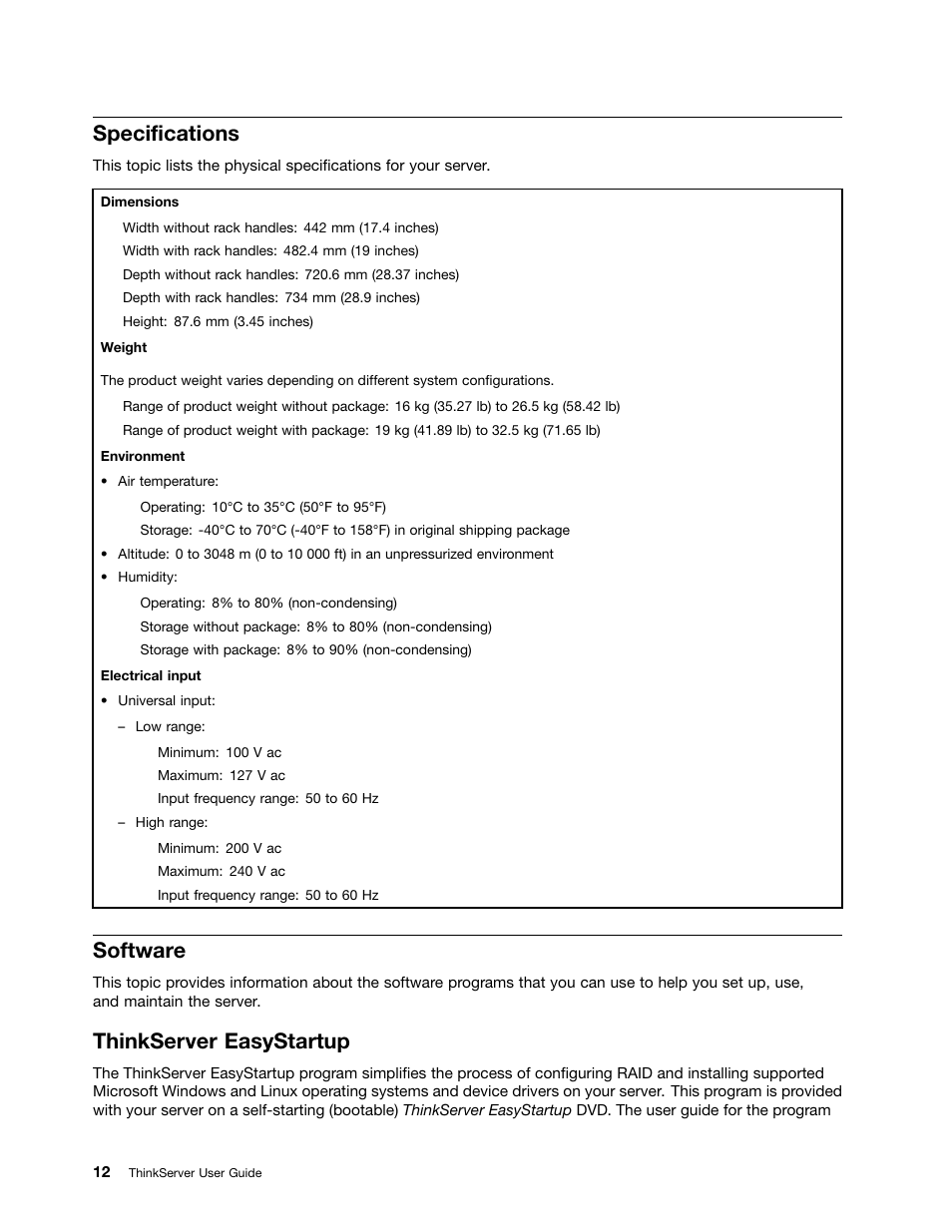 Specifications, Software, Thinkserver easystartup | Lenovo ThinkServer RD630 User Manual | Page 24 / 196