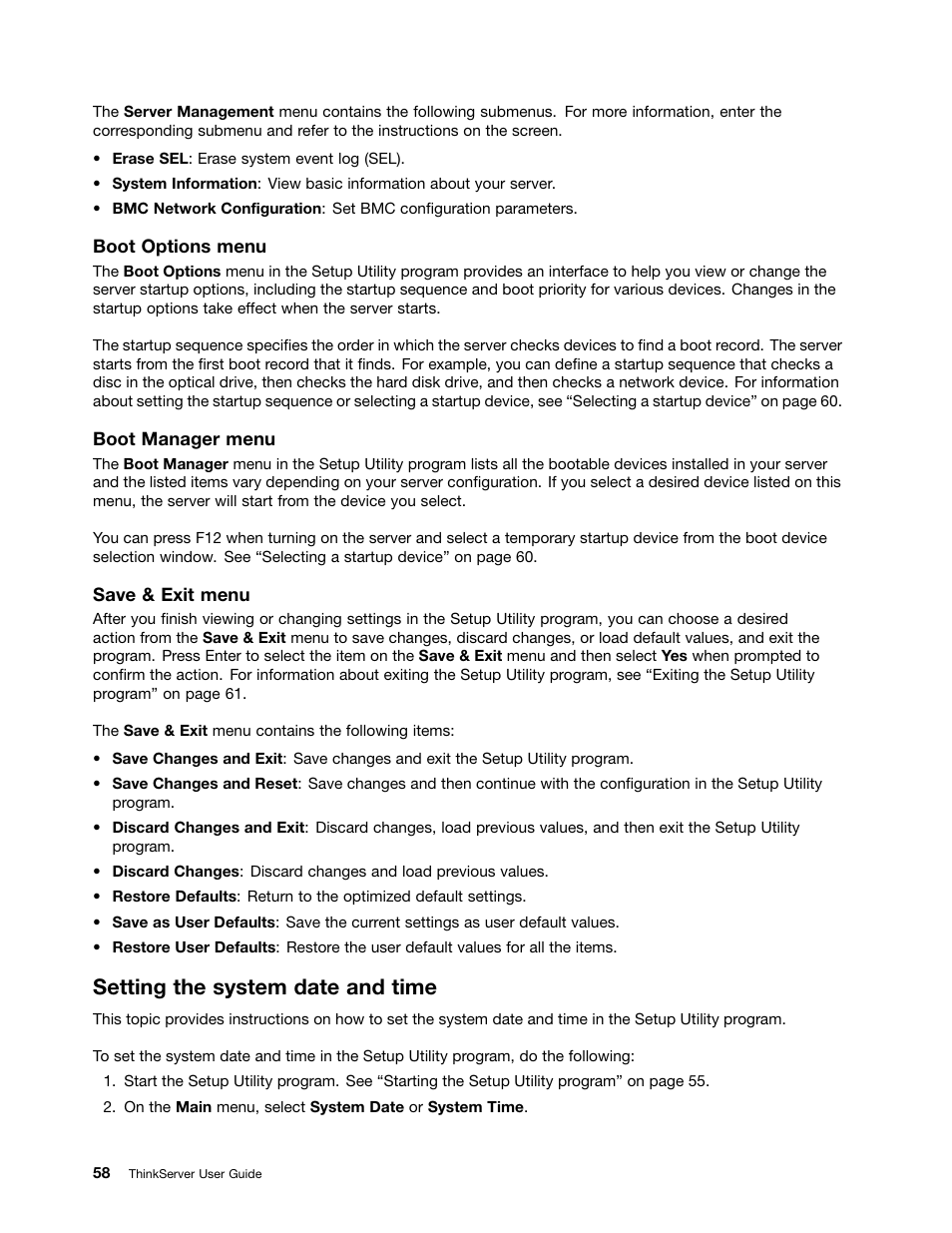 Setting the system date and time | Lenovo ThinkServer RD630 User Manual | Page 70 / 196