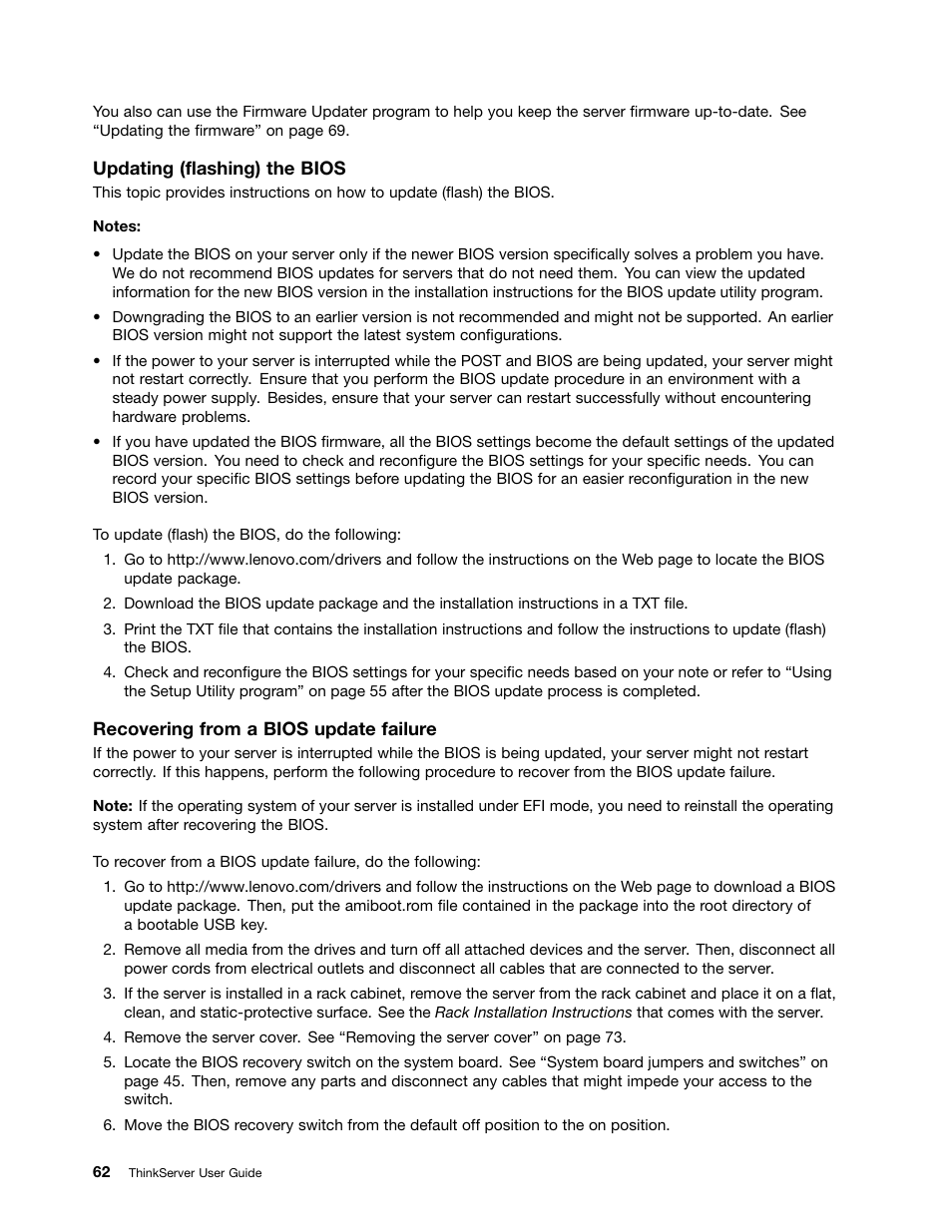 Updating (flashing) the bios | Lenovo ThinkServer RD630 User Manual | Page 74 / 196