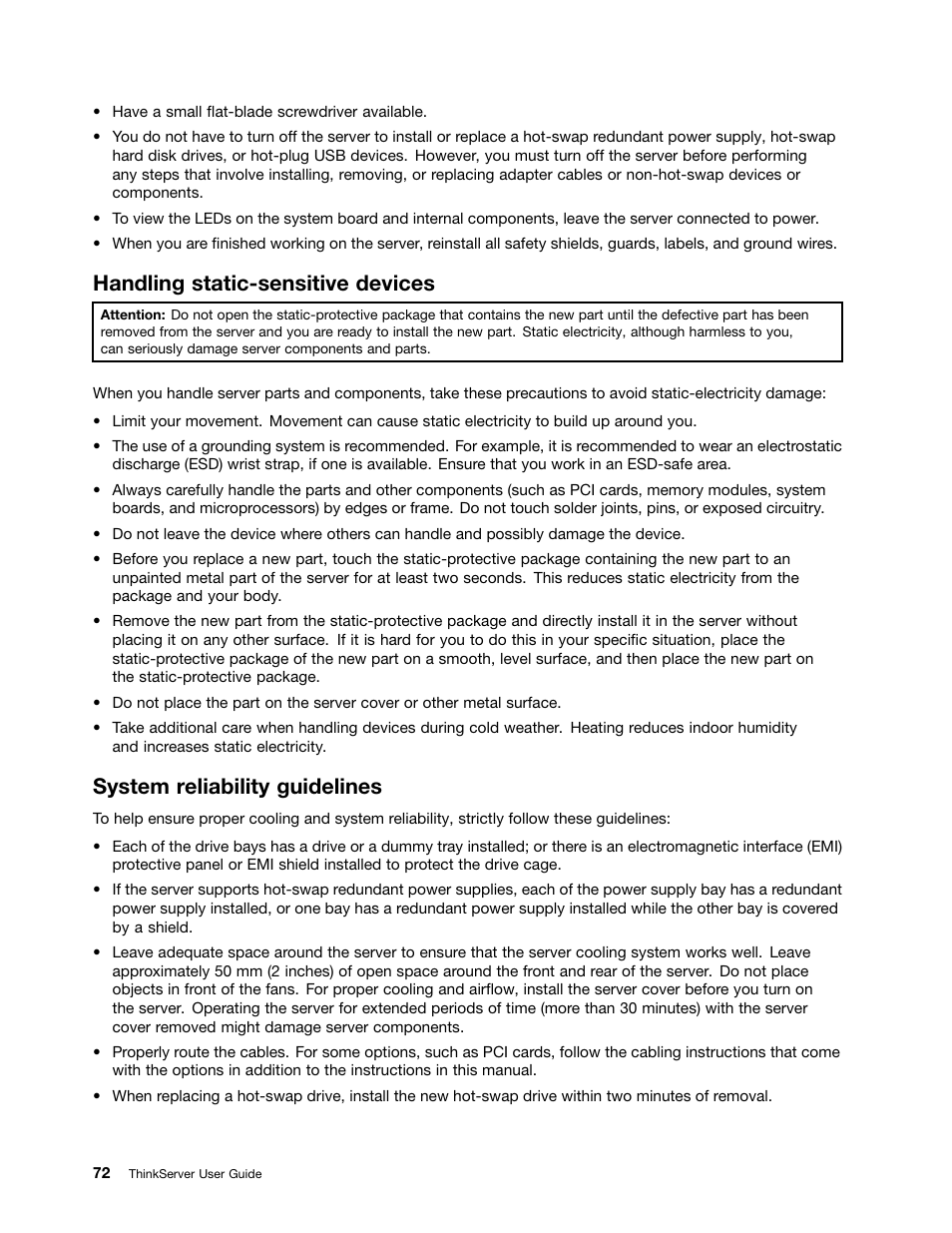 Handling static-sensitive devices, System reliability guidelines | Lenovo ThinkServer RD630 User Manual | Page 84 / 196