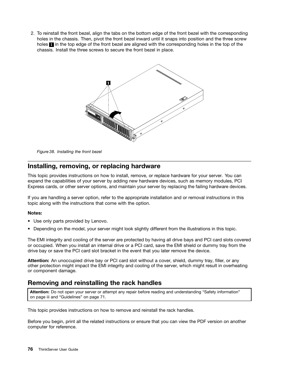 Installing, removing, or replacing hardware, Removing and reinstalling the rack handles | Lenovo ThinkServer RD630 User Manual | Page 88 / 196