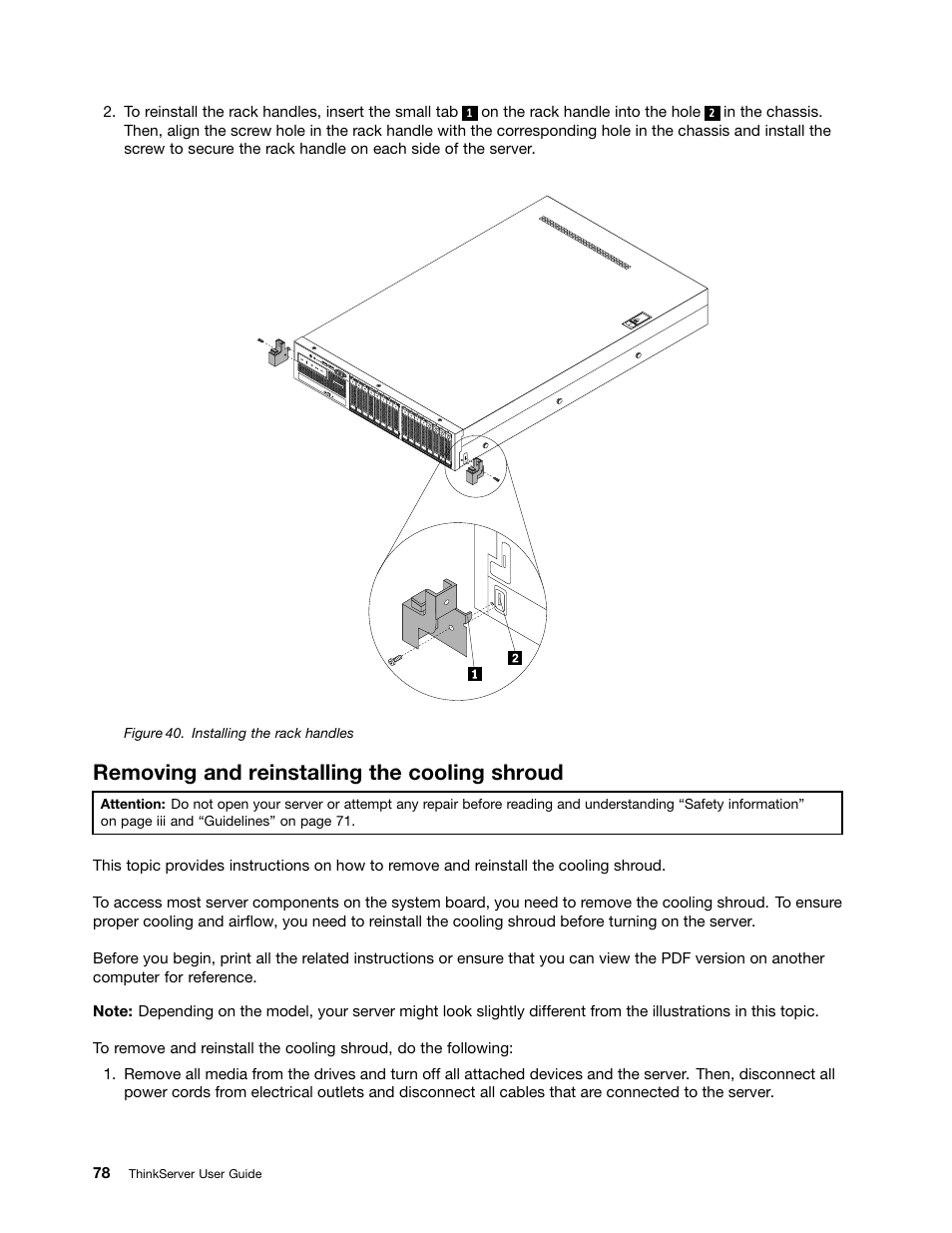 Removing and reinstalling the cooling shroud | Lenovo ThinkServer RD630 User Manual | Page 90 / 196