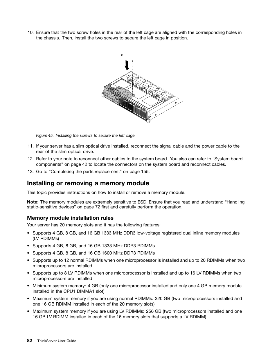 Installing or removing a memory module | Lenovo ThinkServer RD630 User Manual | Page 94 / 196