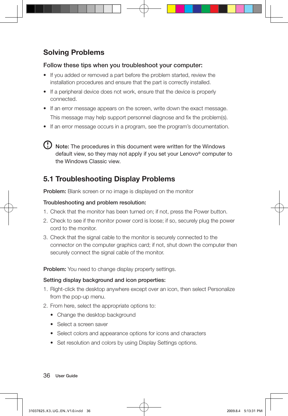 Solving problems, 1 troubleshooting display problems | Lenovo IdeaCentre K300 User Manual | Page 41 / 45