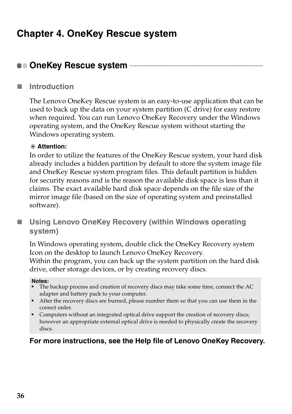 Chapter 4. onekey rescue system, Onekey rescue system | Lenovo IdeaPad Z565 User Manual | Page 40 / 72