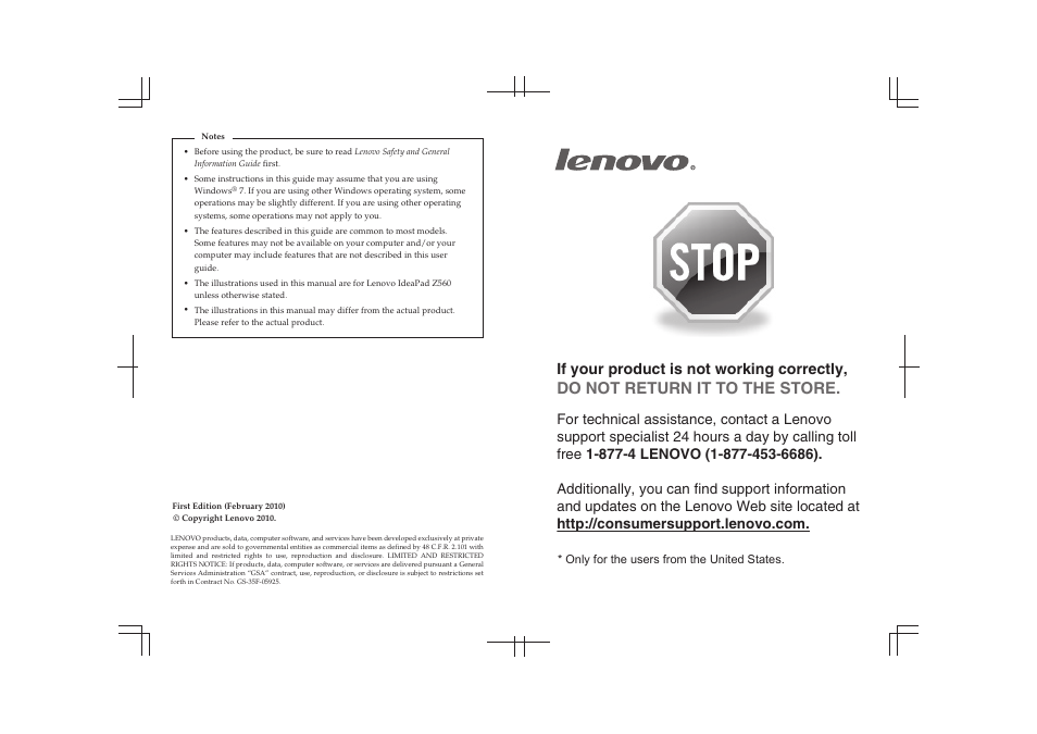 Do not return it to the store, If your product is not working correctly, Only for the users from the united states | Lenovo IdeaPad Z565 User Manual | Page 71 / 72