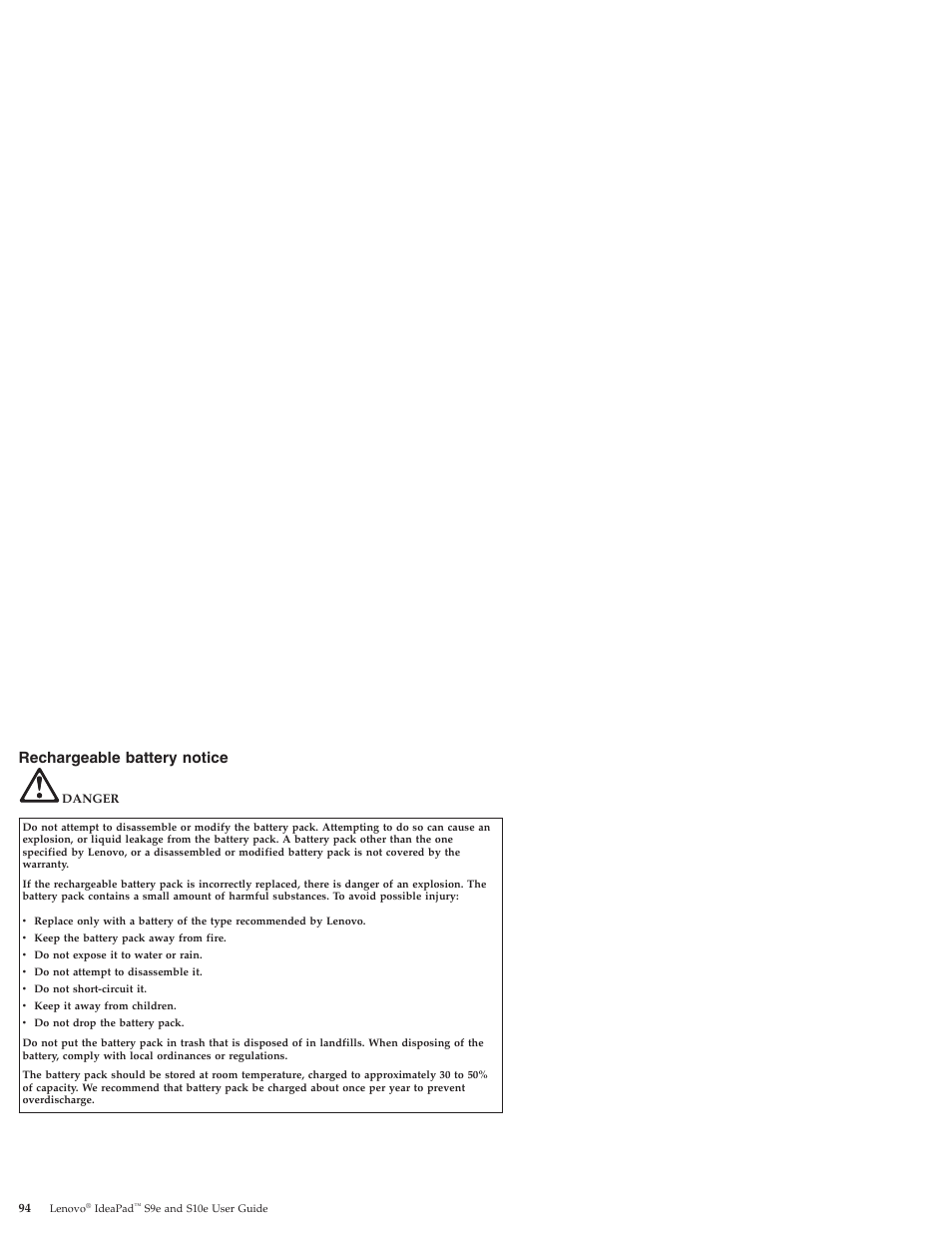 Rechargeable battery notice | Lenovo IdeaPad S9e -FR User Manual | Page 102 / 176