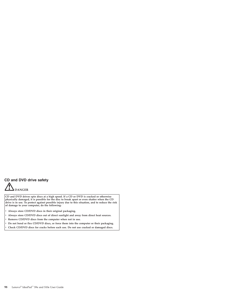 Cd and dvd drive safety | Lenovo IdeaPad S9e -FR User Manual | Page 106 / 176