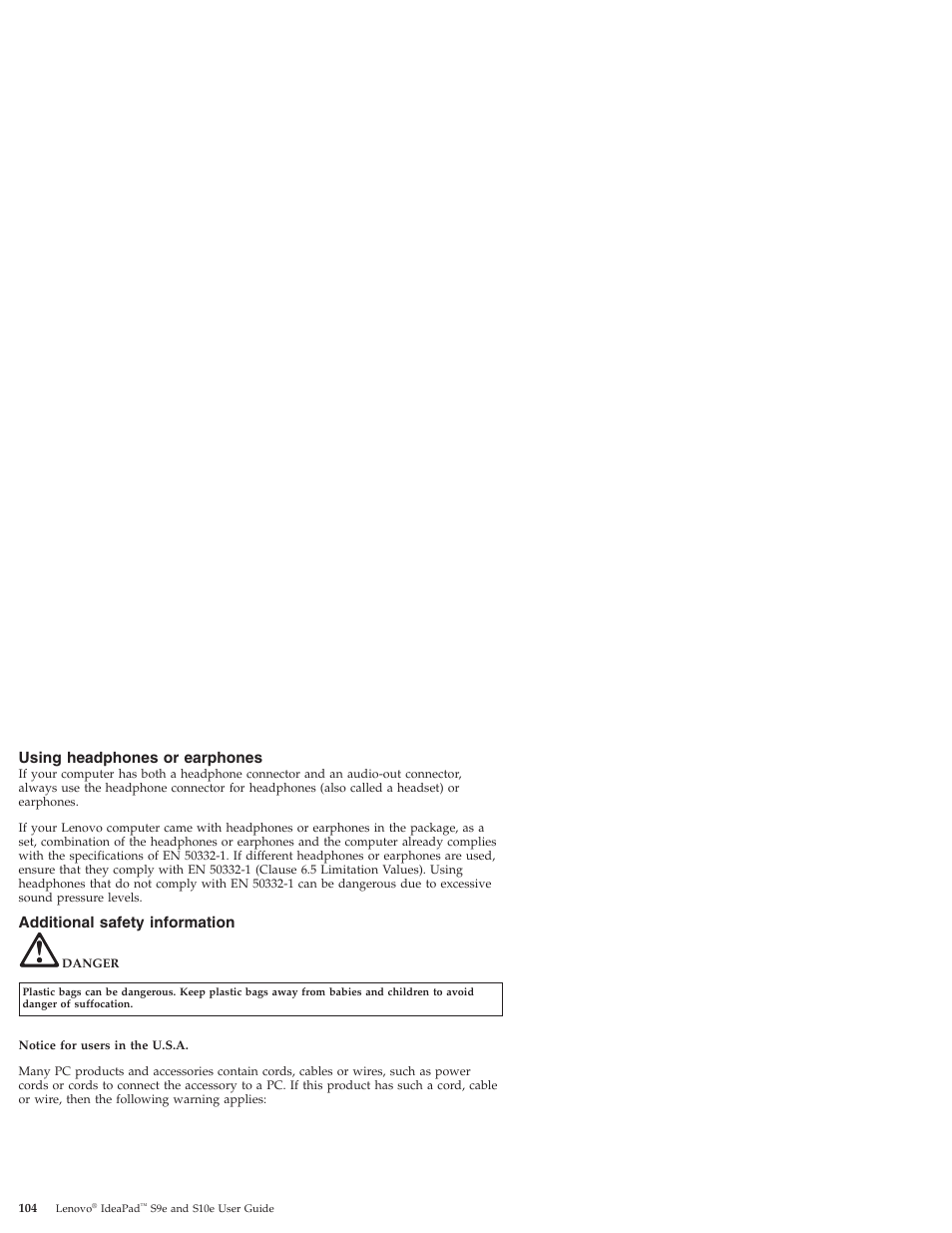 Using headphones or earphones, Additional safety information | Lenovo IdeaPad S9e -FR User Manual | Page 112 / 176