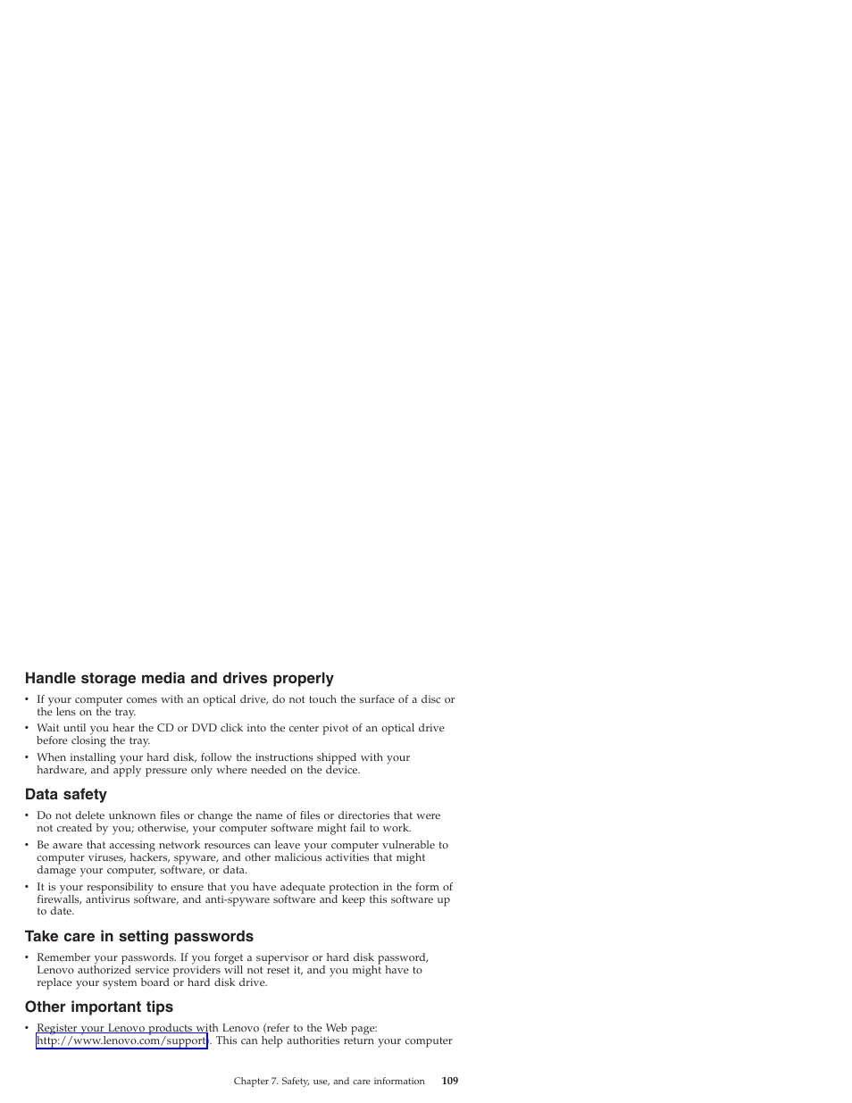Handle storage media and drives properly, Data safety, Take care in setting passwords | Other important tips, Handle, Storage, Media, Drives, Properly, Data | Lenovo IdeaPad S9e -FR User Manual | Page 117 / 176