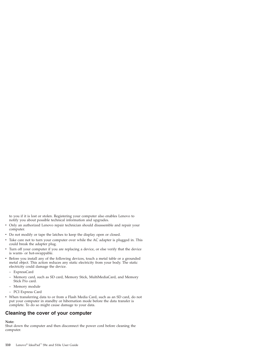 Cleaning the cover of your computer, Cleaning, Cover | Your, Computer | Lenovo IdeaPad S9e -FR User Manual | Page 118 / 176