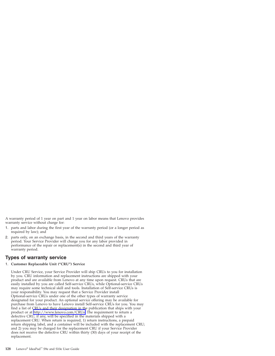 Types of warranty service, Types, Warranty | Service | Lenovo IdeaPad S9e -FR User Manual | Page 136 / 176