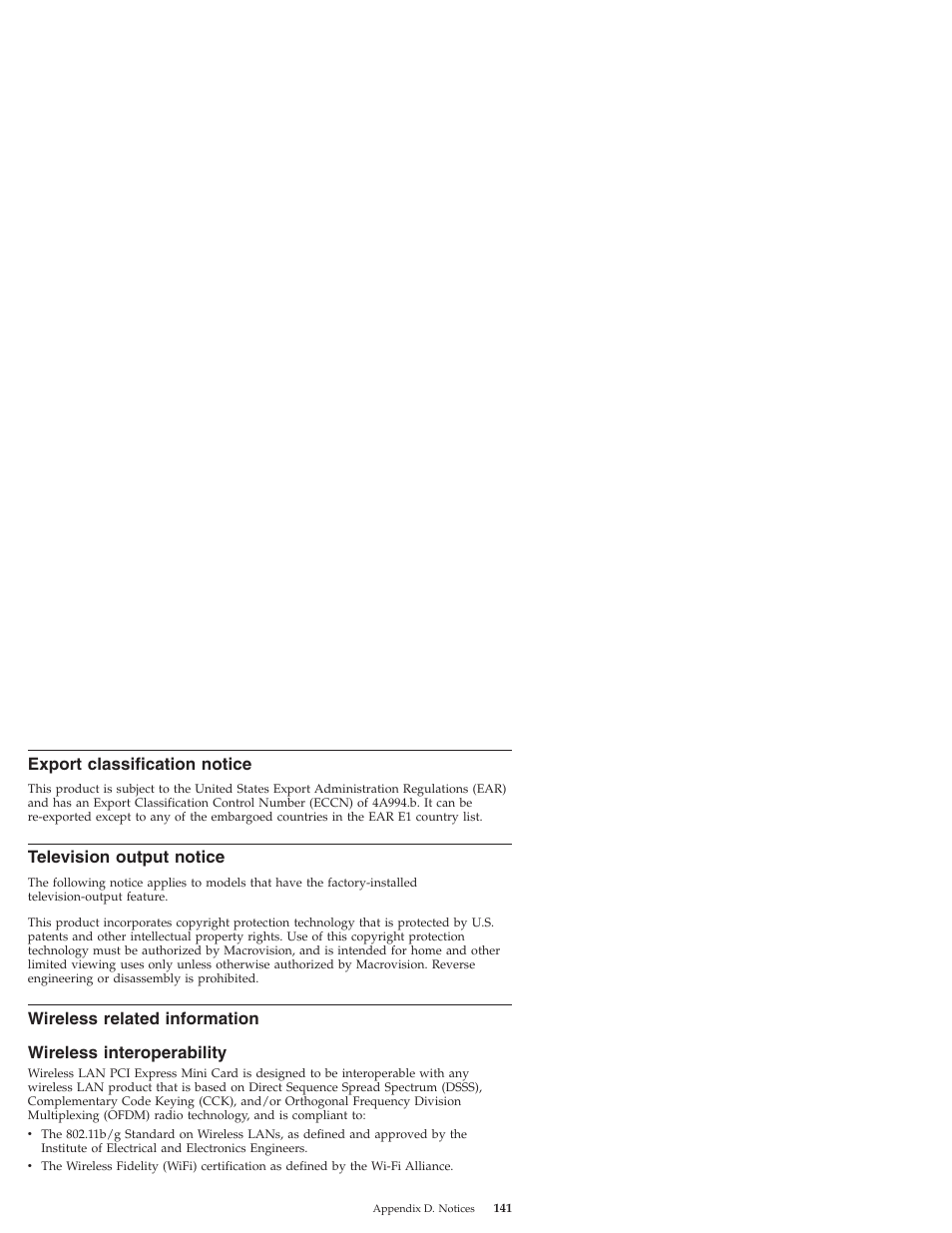 Export classification notice, Television output notice, Wireless related information | Wireless interoperability, Export, Classification, Notice, Television, Output, Wireless | Lenovo IdeaPad S9e -FR User Manual | Page 149 / 176