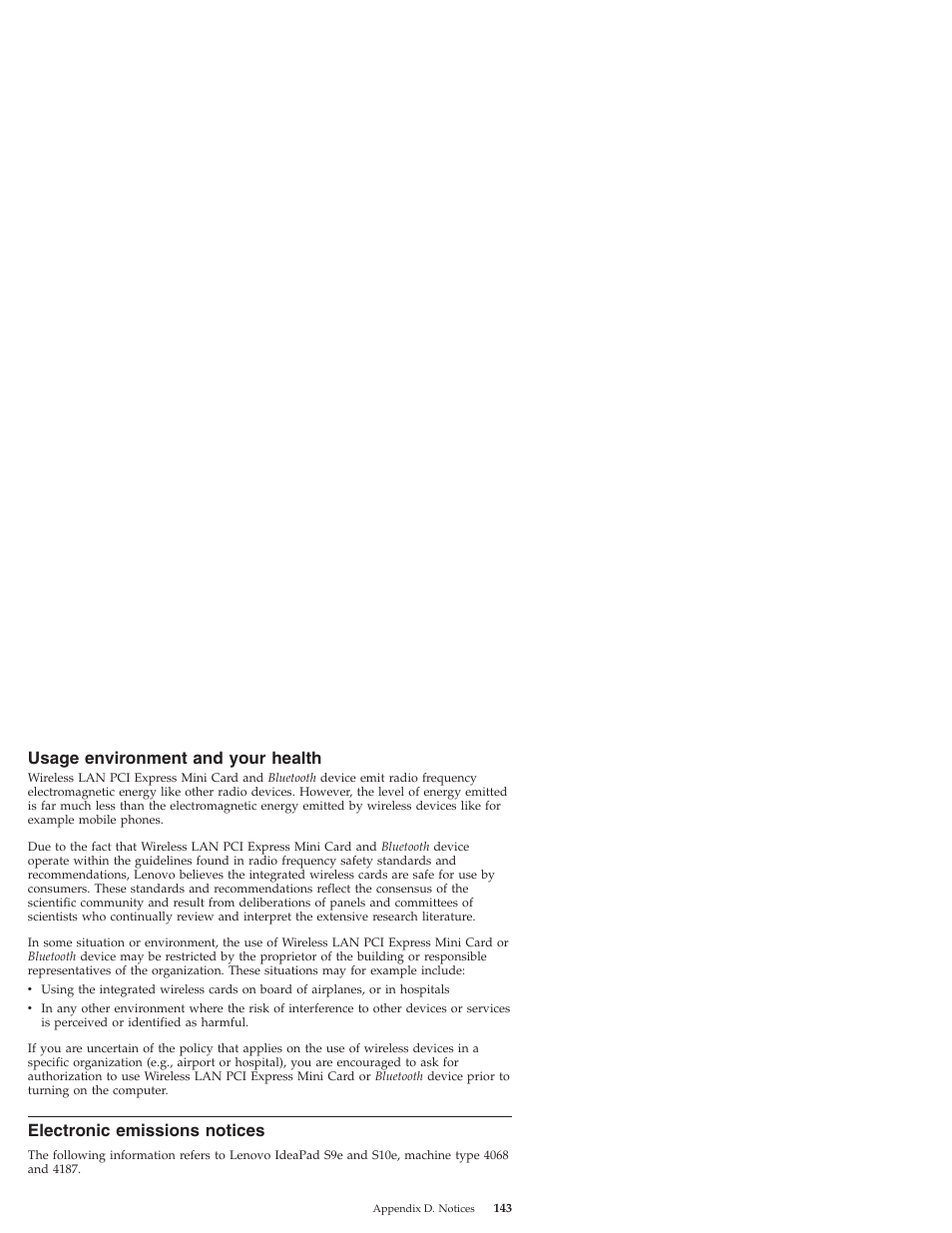 Usage environment and your health, Electronic emissions notices, Usage | Environment, Your, Health, Electronic, Emissions, Notices | Lenovo IdeaPad S9e -FR User Manual | Page 151 / 176