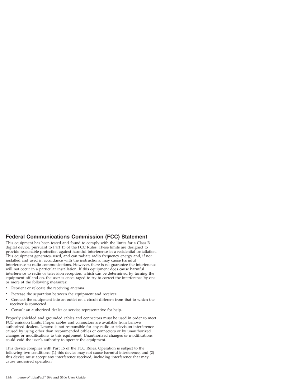 Federal communications commission (fcc) statement, Federal, Communications | Commission, Fcc), Statement | Lenovo IdeaPad S9e -FR User Manual | Page 152 / 176