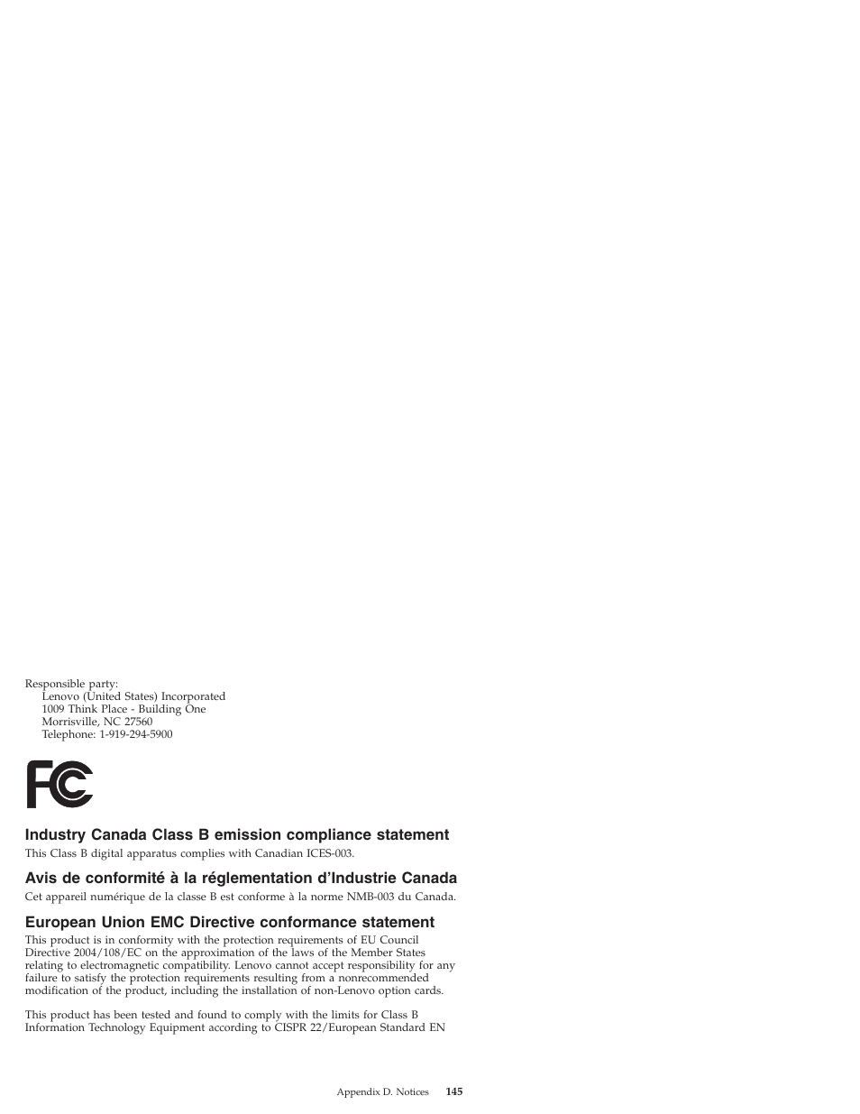 European union emc directive conformance statement, Industry, Canada | Class, Emission, Compliance, Statement, Avis, Conformité, Réglementation | Lenovo IdeaPad S9e -FR User Manual | Page 153 / 176