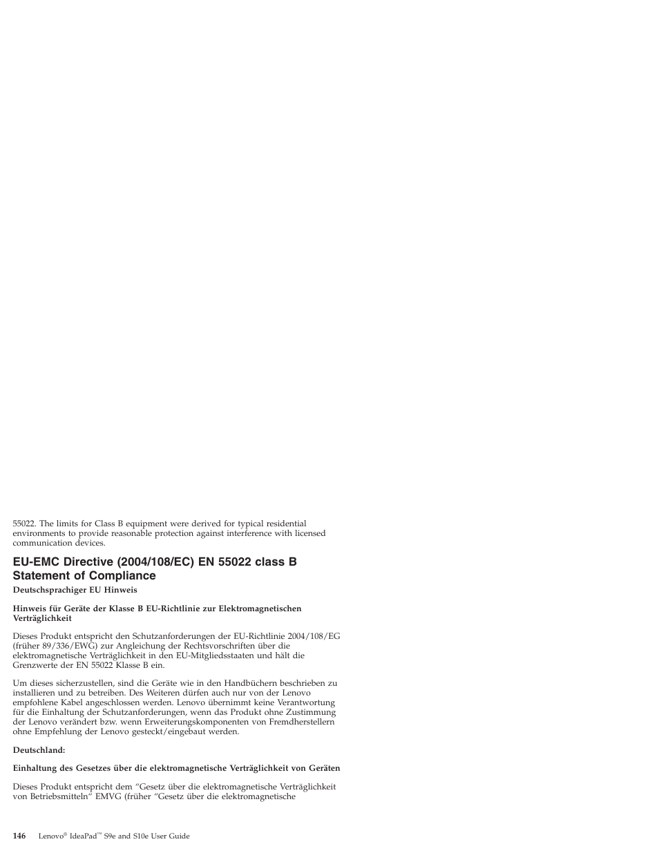 Eu-emc, Directive, 2004/108/ec) | Class, Statement, Compliance | Lenovo IdeaPad S9e -FR User Manual | Page 154 / 176