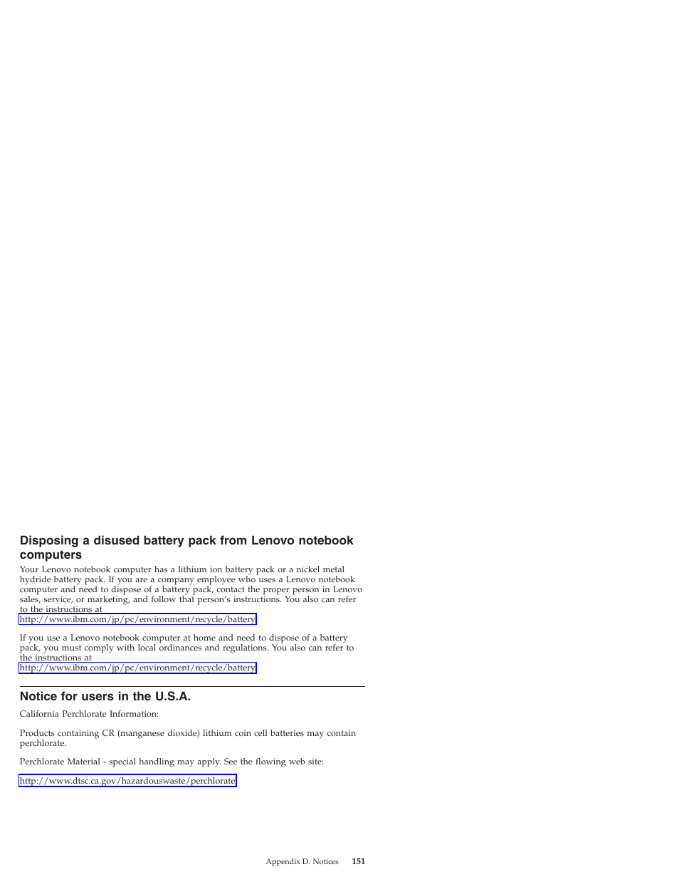 Notice for users in the u.s.a, Disposing, Disused | Battery, Pack, From, Lenovo, Notebook, Computers, Notice | Lenovo IdeaPad S9e -FR User Manual | Page 159 / 176