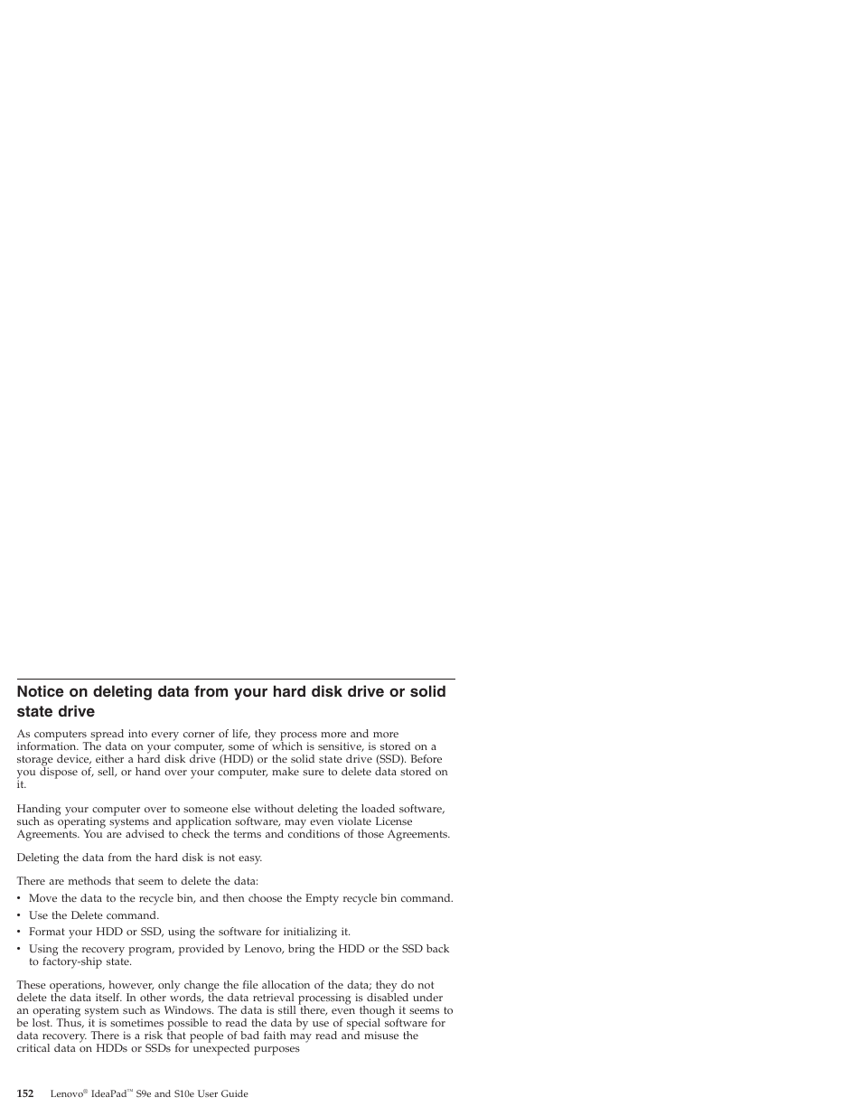 Notice, Deleting, Data | From, Your, Hard, Disk, Drive, Solid, State | Lenovo IdeaPad S9e -FR User Manual | Page 160 / 176