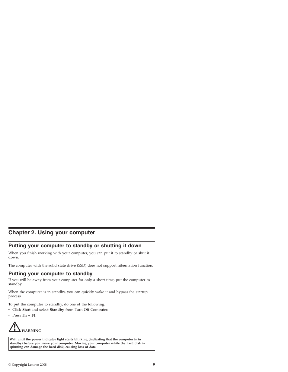 Chapter 2. using your computer, Putting your computer to standby, Chapter | Using, Your, Computer, Putting, Standby, Shutting, Down | Lenovo IdeaPad S9e -FR User Manual | Page 17 / 176