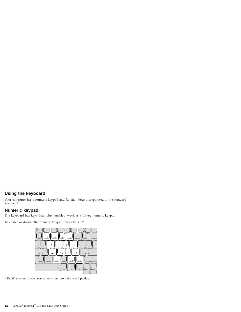 Using the keyboard, Numeric keypad, Using | Keyboard, Numeric, Keypad | Lenovo IdeaPad S9e -FR User Manual | Page 20 / 176