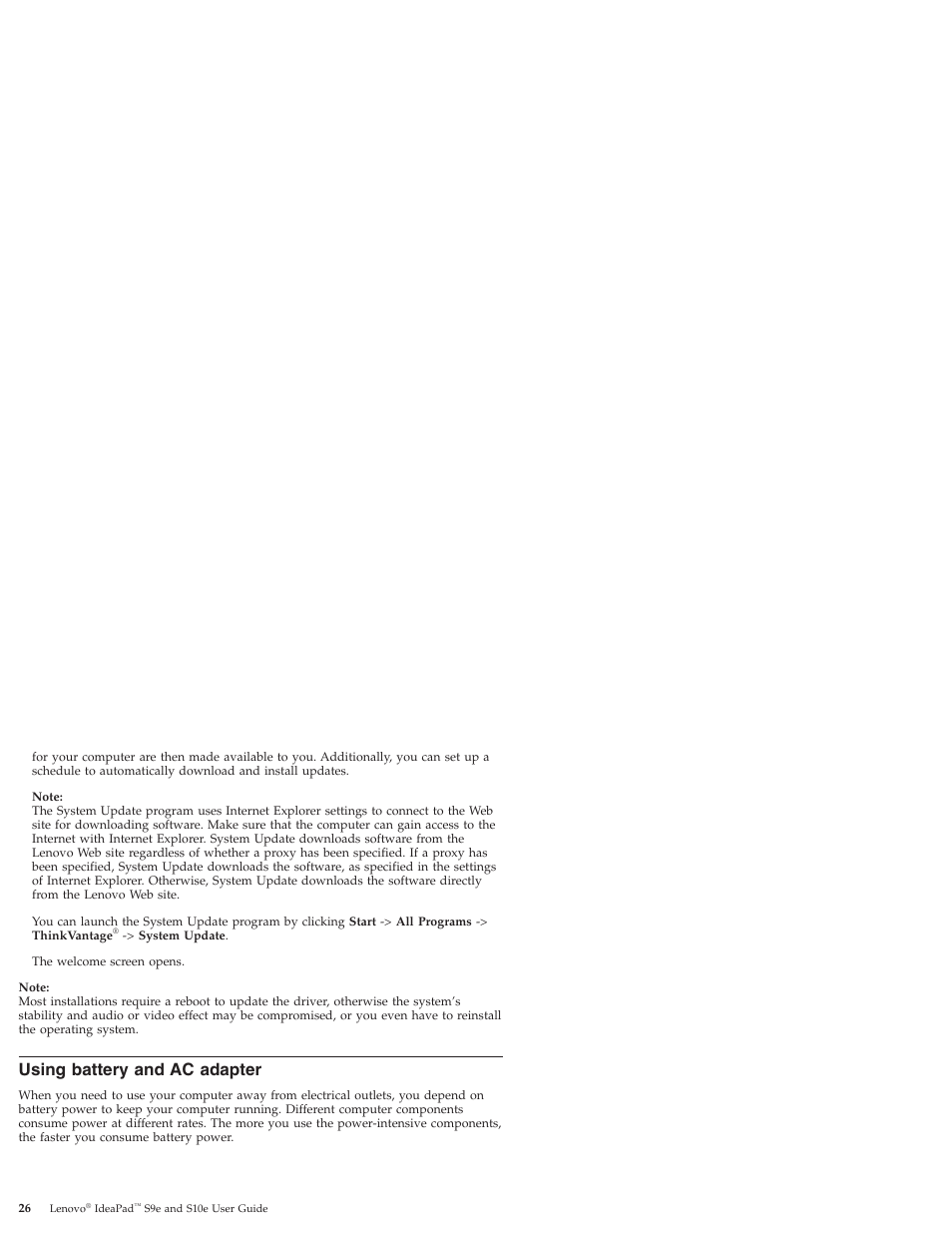 Using battery and ac adapter, Using, Battery | Adapter | Lenovo IdeaPad S9e -FR User Manual | Page 34 / 176