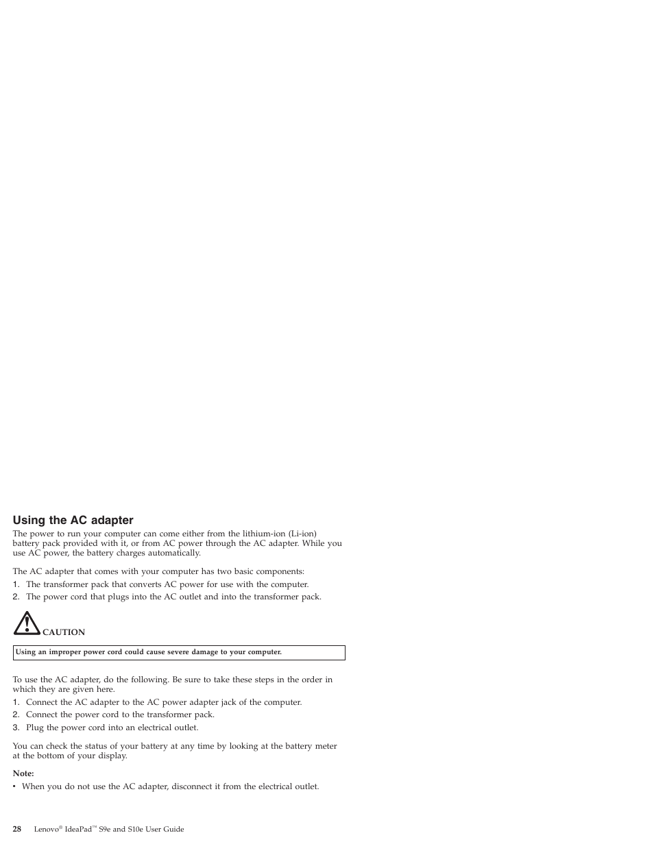 Using the ac adapter, Using, Adapter | Lenovo IdeaPad S9e -FR User Manual | Page 36 / 176
