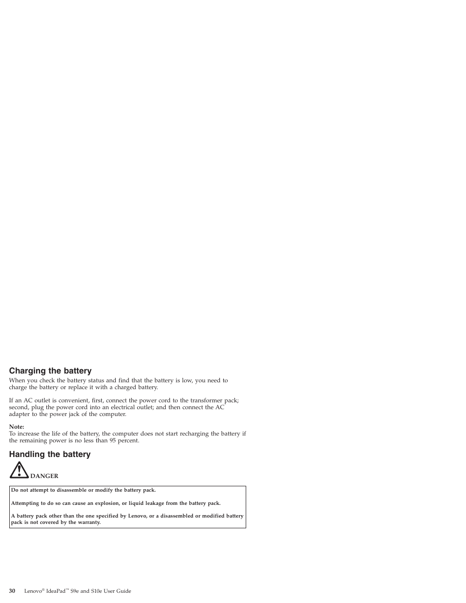 Charging the battery, Handling the battery, Charging | Battery, Handling | Lenovo IdeaPad S9e -FR User Manual | Page 38 / 176