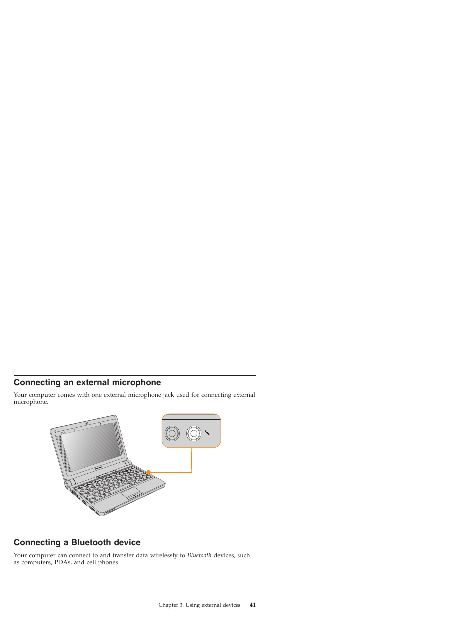 Connecting an external microphone, Connecting a bluetooth device, Connecting | External, Microphone, Bluetooth, Device | Lenovo IdeaPad S9e -FR User Manual | Page 49 / 176