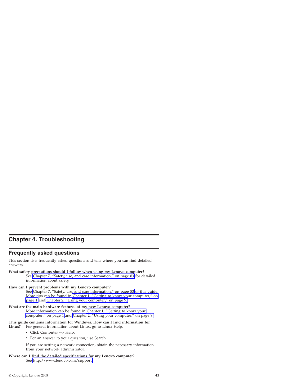Chapter 4. troubleshooting, Frequently asked questions, Chapter | Troubleshooting, Frequently, Asked, Questions | Lenovo IdeaPad S9e -FR User Manual | Page 51 / 176