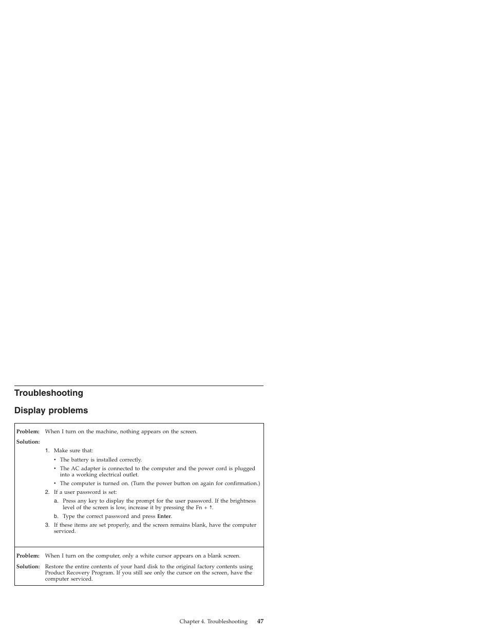 Troubleshooting, Display problems, Display | Problems | Lenovo IdeaPad S9e -FR User Manual | Page 55 / 176