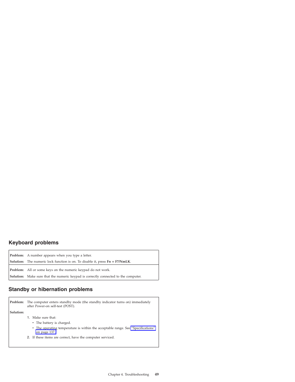 Keyboard problems, Standby or hibernation problems, Keyboard | Problems, Standby, Hibernation | Lenovo IdeaPad S9e -FR User Manual | Page 57 / 176