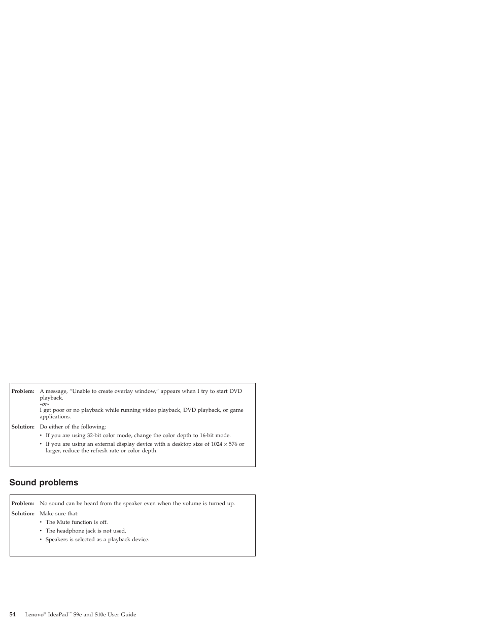 Sound problems, Sound, Problems | Lenovo IdeaPad S9e -FR User Manual | Page 62 / 176