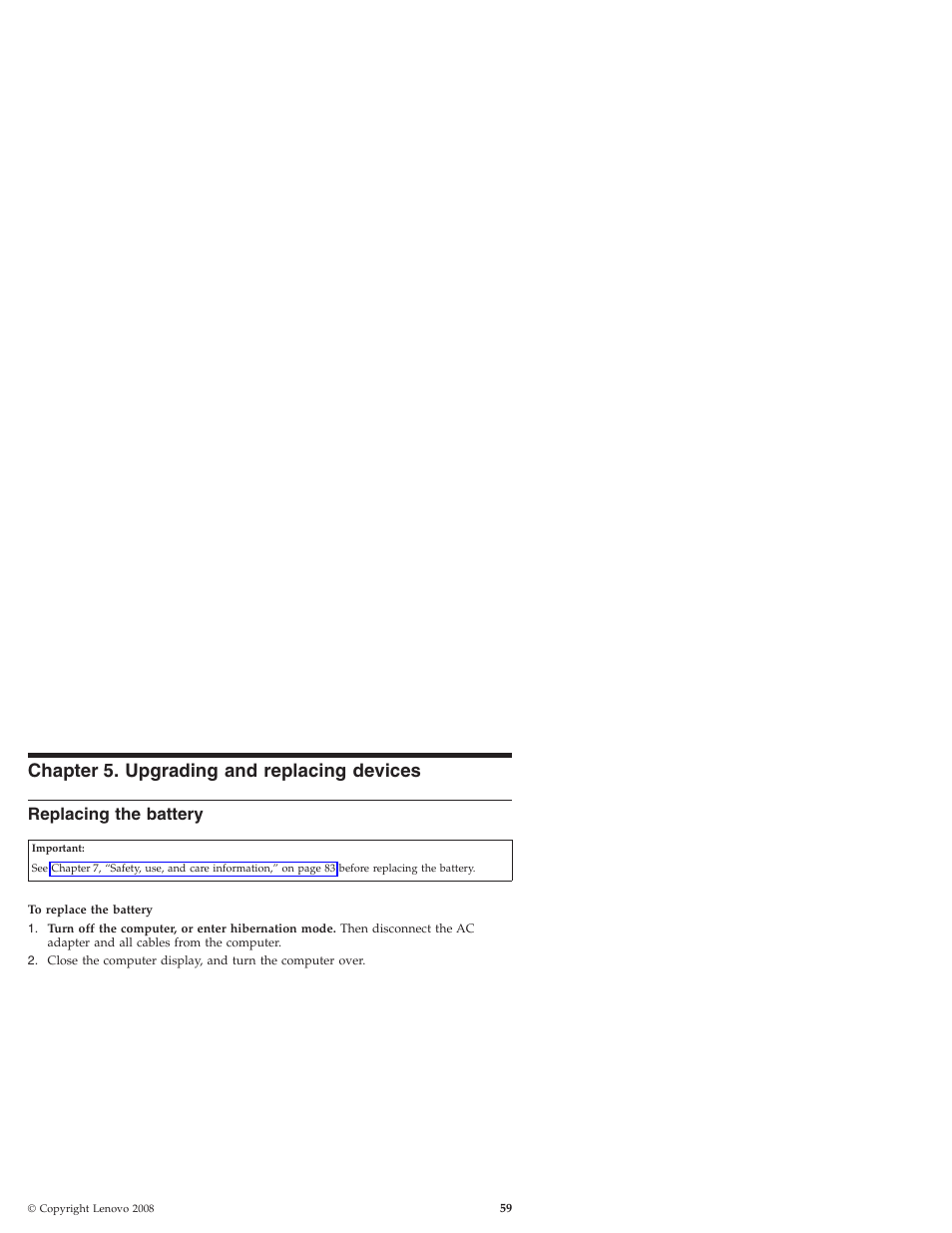 Chapter 5. upgrading and replacing devices, Replacing the battery, Chapter | Upgrading, Replacing, Devices, Battery | Lenovo IdeaPad S9e -FR User Manual | Page 67 / 176