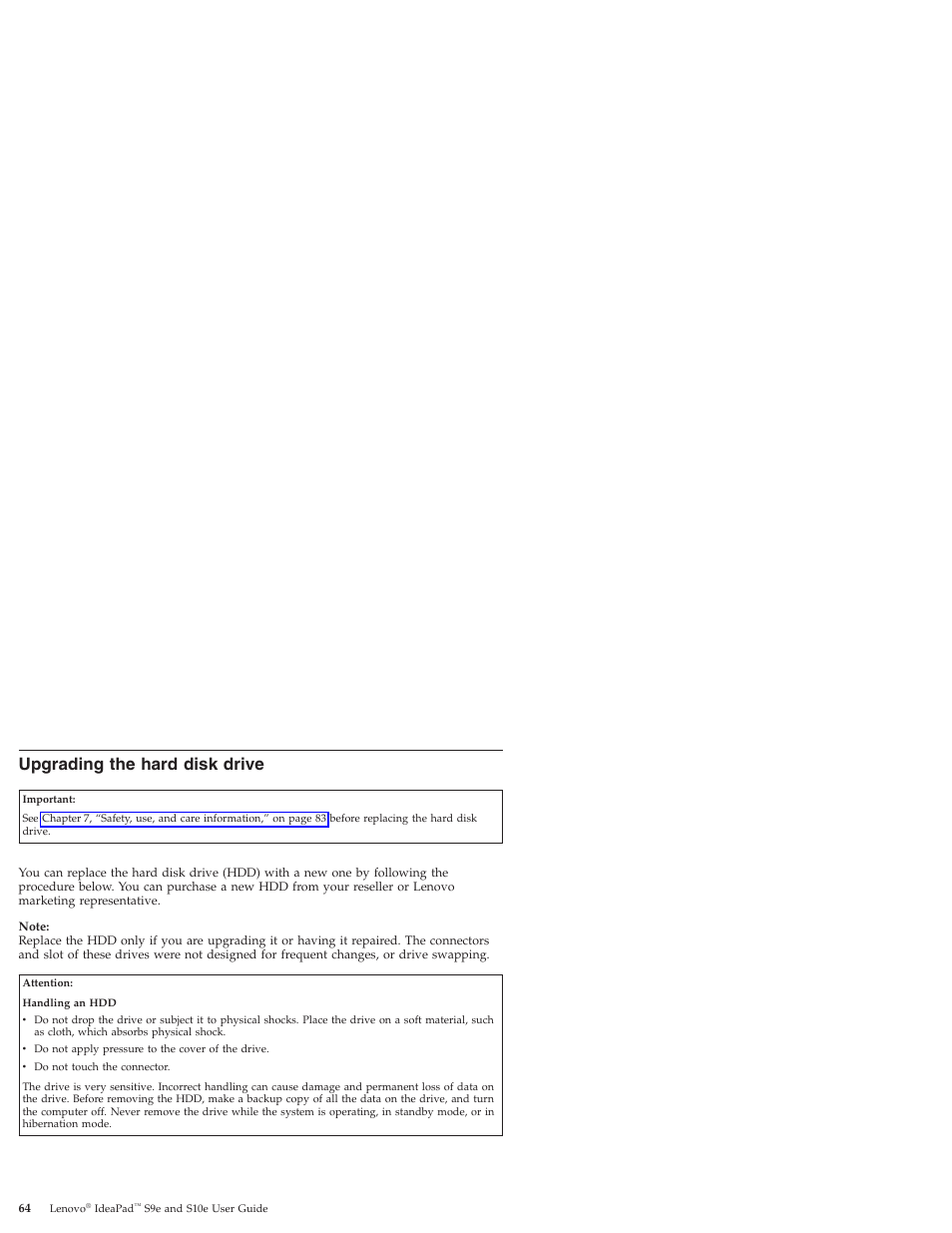 Upgrading the hard disk drive, Upgrading, Hard | Disk, Drive | Lenovo IdeaPad S9e -FR User Manual | Page 72 / 176