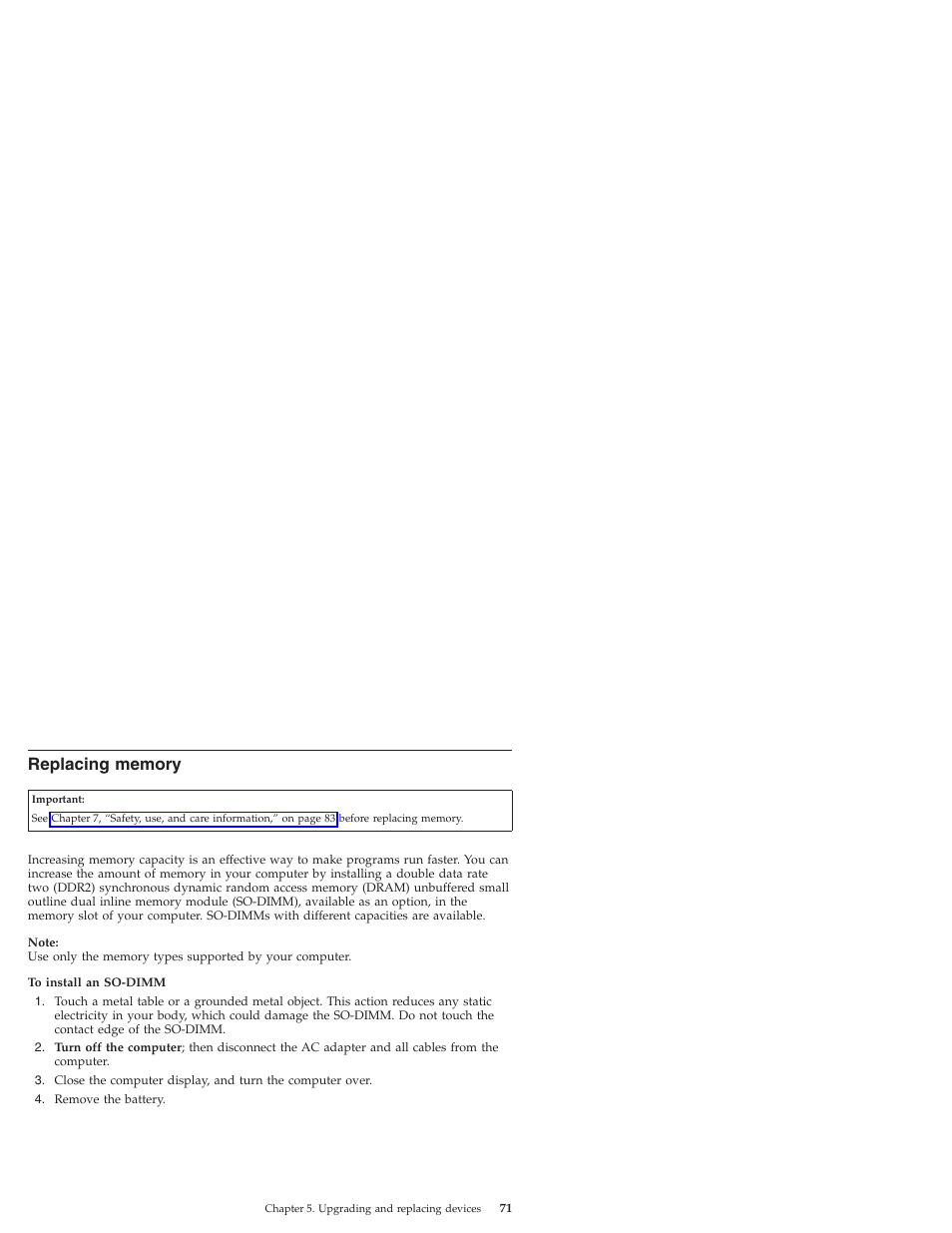 Replacing memory, Replacing, Memory | Lenovo IdeaPad S9e -FR User Manual | Page 79 / 176