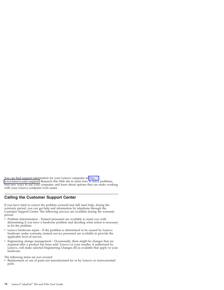 Calling the customer support center, Calling, Customer | Support, Center | Lenovo IdeaPad S9e -FR User Manual | Page 86 / 176