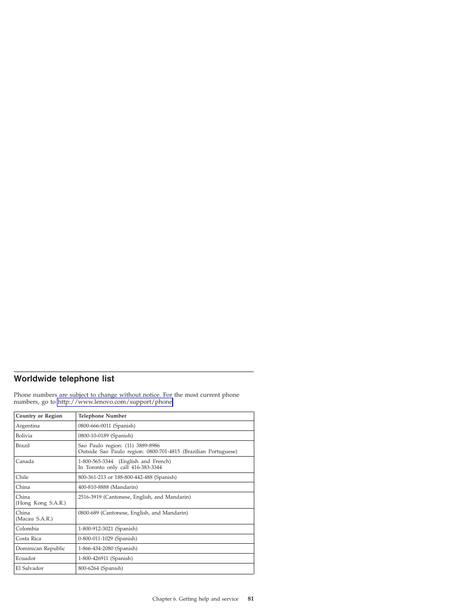 Worldwide telephone list, Worldwide, Telephone | List | Lenovo IdeaPad S9e -FR User Manual | Page 89 / 176